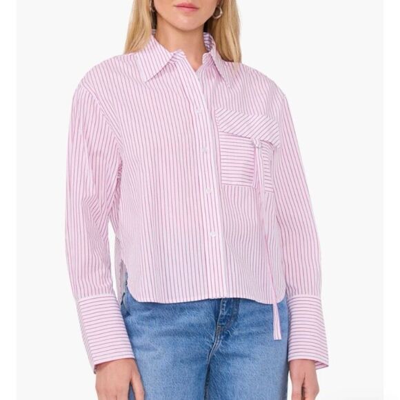 Parker 100% Cotton Pink White Pinstripe Boxy Button Up Top NWT Size Extra Large - Picture 1 of 7